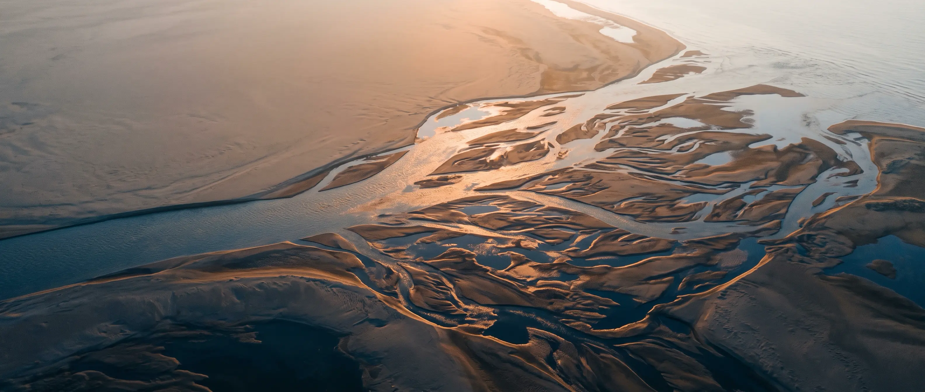 Aerial photograph of a braided river delta at golden hour, water splitting into many channels across a sandy floodplain before converging back into a few dominant channels near the sea
