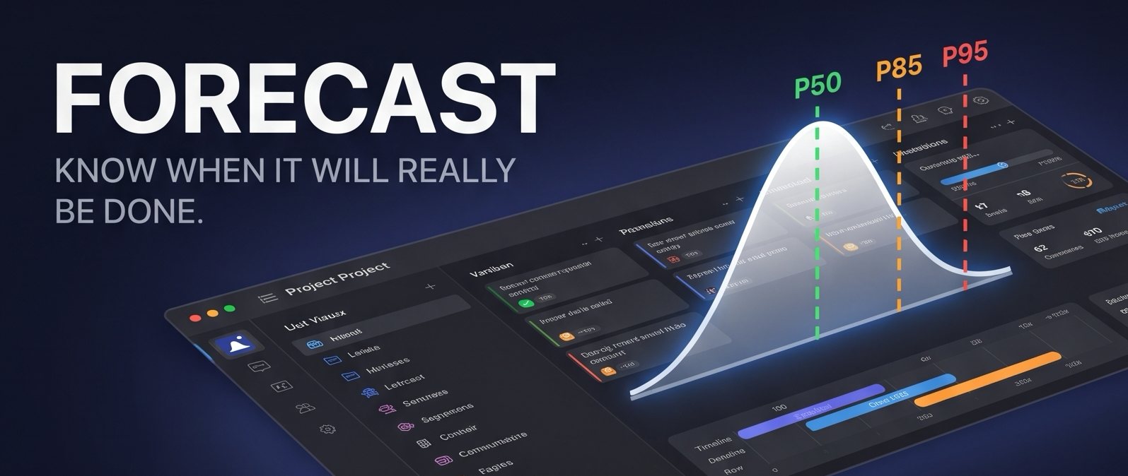 PtahCast forecast screen showing a probability curve with the P50, P85 and P95 dates marked